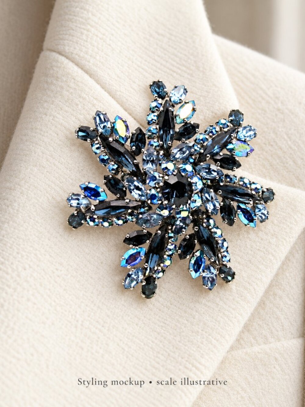 Vintage Signed Sherman Blue AB Rhinestone Snowflake Starburst Brooch